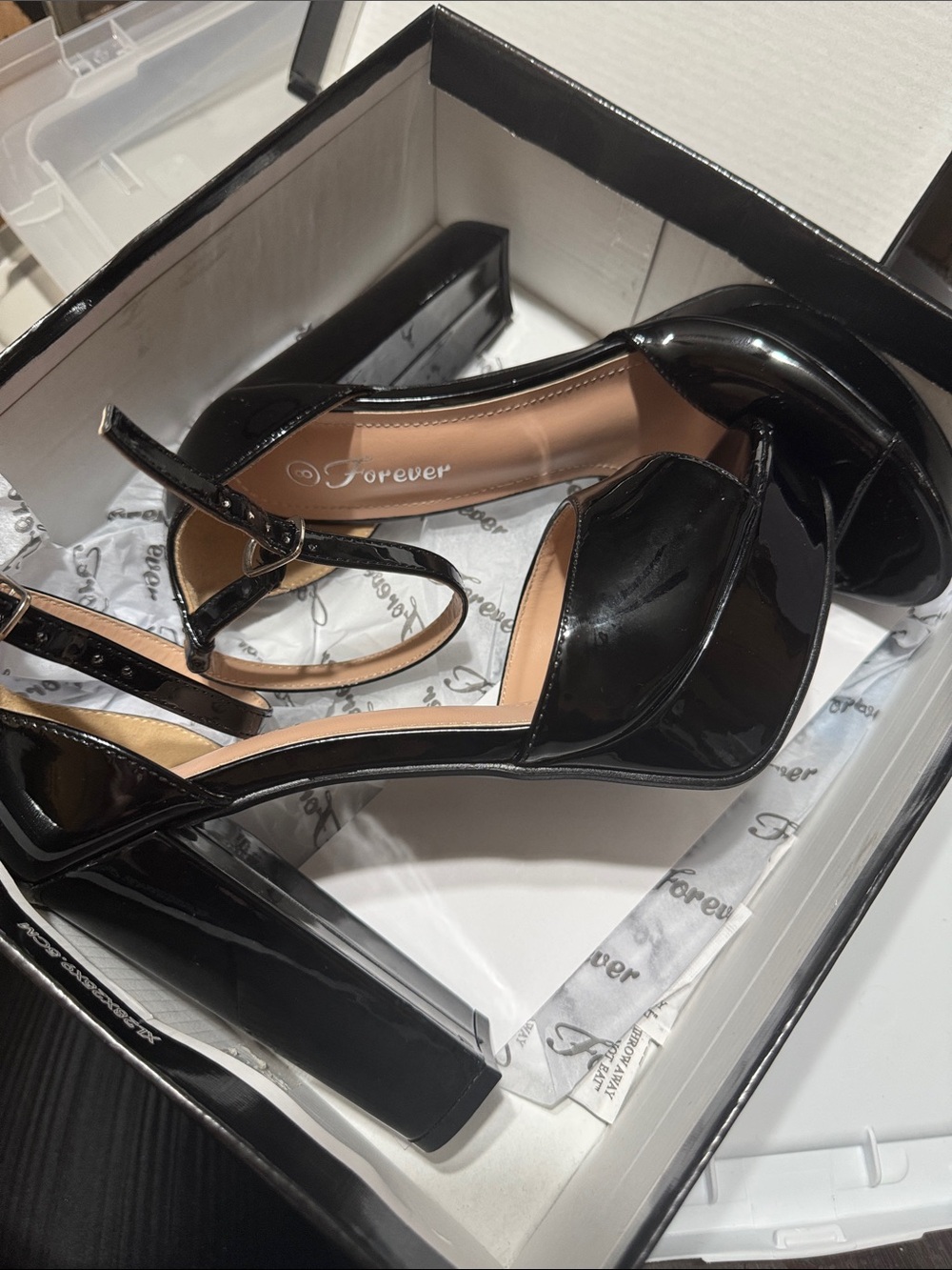 Forever Black Patent Open-Toe Ankle-Strap Block Heels